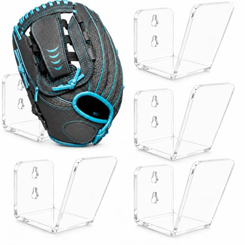 Corztg 4 Pcs Baseball Glove Wall Mount Display Holder Acrylic Vertical Baseball Stand Organizer Case Drill & No-Drill Adhesive Install Preserves Glove Shape Decor for Bedroom Man Cave (Clear)