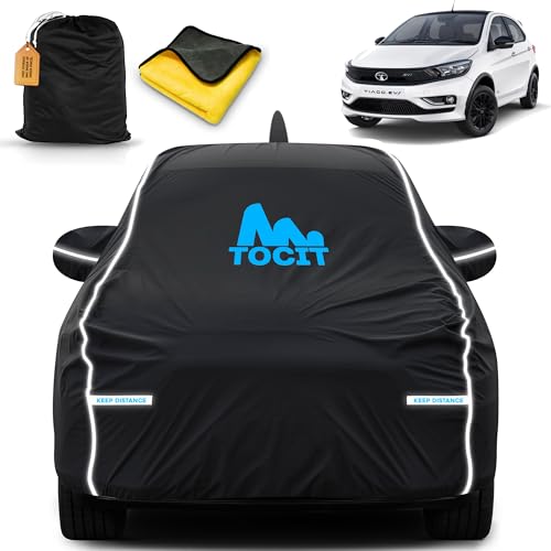 Image of Tiago Ev Waterproof Long Life Car Cover with Safety Glow Reflective Strap, Premium Stretchable Velvet Velour Fabric, Machine Washable, Tri-Stitch Custom Fit with Mirror & Antenna Pocket