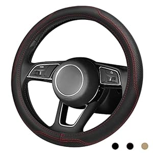 Auto Lenkradbezug Leder, Heavy Duty Lenkradhülle, Atmungsaktive Lenkradbezug Anti Rutsch, Universal Weich Lenkradhüllen für Autozubehör Innenraum 37-38cm / 15” (Schwarz Rot)