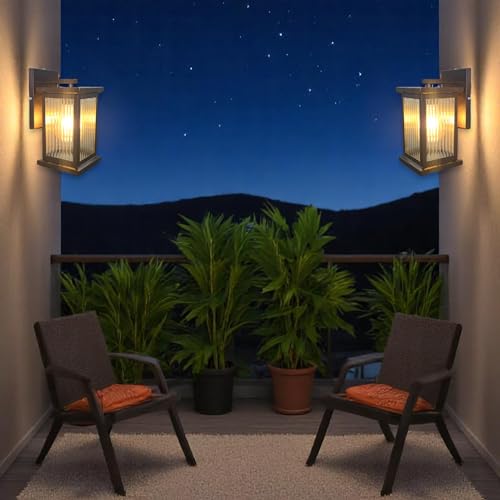 Image of GreyWings Classic Outdoor Wall Light for Home, Brown Metal Frame with Ribbed Glass, E27 Big Threaded Holder, Wall Lamp, Pack of 2