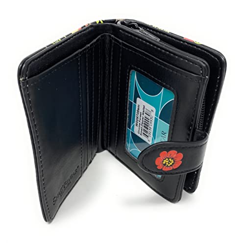 Shag Wear Gnome Forest Small Wallet for Women and Teen Girls Multiple Gnomes Mushrooms Plants Vegan Faux Leather Black 4.5"4