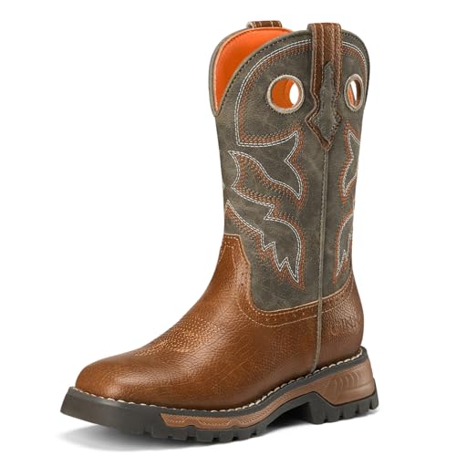 GINNI Boys Girls Cowboy Boots Kids Square Toe Cowgirl Western Boots Comfortable Mid Calf Riding Shoes for Toddler/Little Kid/Big Kid