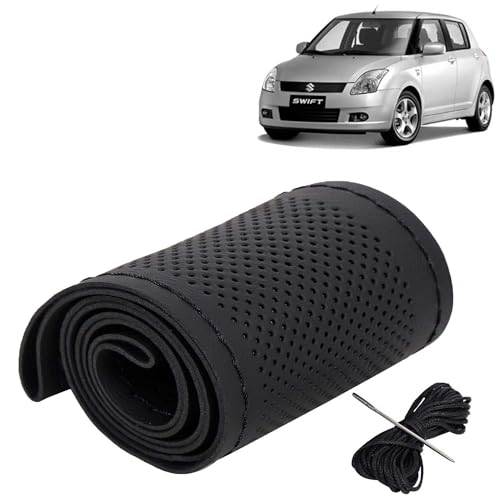 Image of KINGSWAY PU Leatherite Car Steering Cover Sewable Compatible with Maruti Suzuki Swift (Year 2005-2010), Black Color with Black Thread, Pack of 1 with Sewing Needle and Thread
