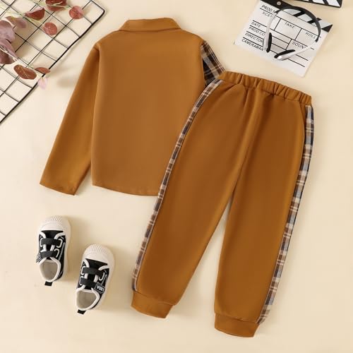 Image of Boy Clothes Fall Winter Outfits Long Sleeve Plaid Patchwork Button Down Shirt + Casual Pocket Sweatpants 5-14 Years