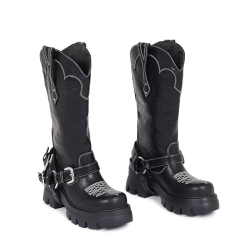 HiColor women's black leather western cowboy boots with buckle & round toe chunky heel shoes