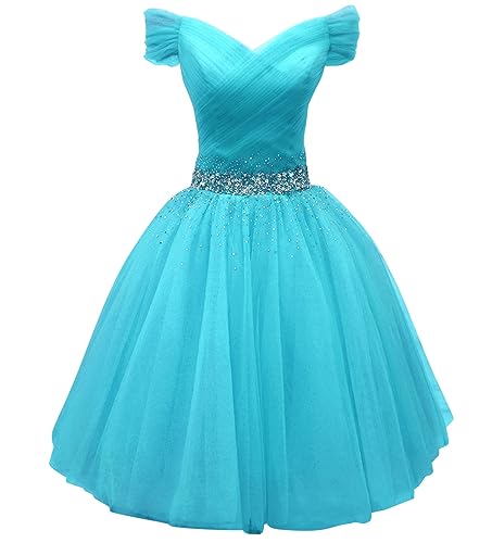 Tulle Homecoming Dresses for Teens Off Shoulder Short Prom Dresses Sparkly Beaded Cocktail Gowns