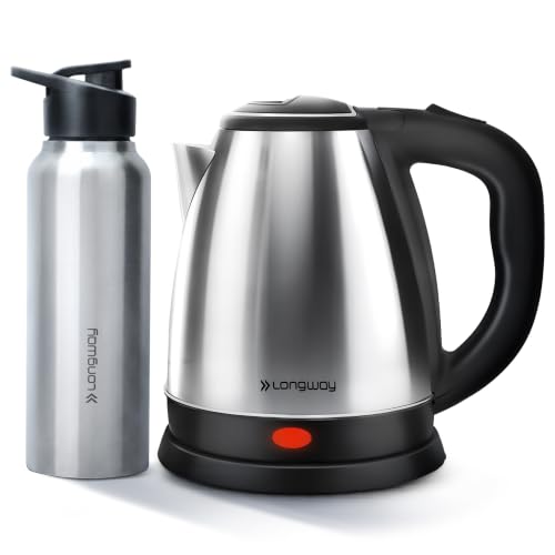 Image of Longway Kestro 1.5 Ltr Electric Kettle with Water Bottle Combo | Automatic Shut-Off | Durable Stainless Steel Body For Boiling | 2 Years Warranty (Silver Black, 1500W)