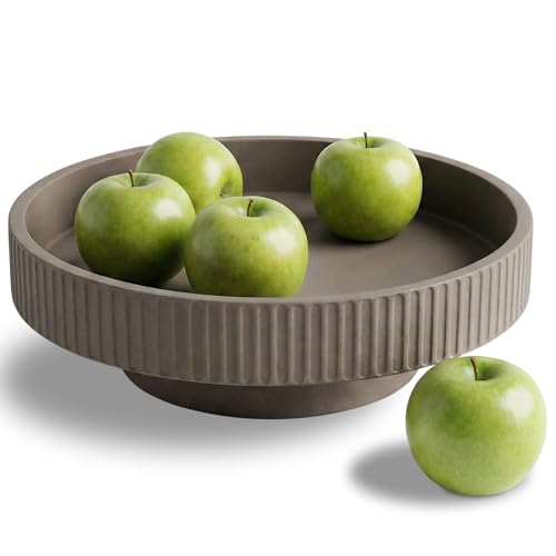 JUPTR Concrete Fruit Bowl (12") – Shallow Fluted Pedestal Decorative Centerpiece Bowl for Table, Entryway Catch-All & Modern Home Decor – Heavyweight Stone Bowl (Charcoal)