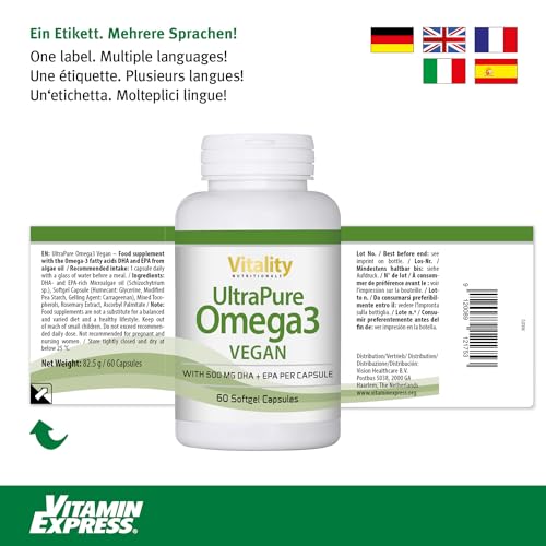 Veganes Omega 3 Hochdosiert aus Algenöl mit 375 mg DHA + 125 mg EPA Pro Kapsel (60 Stk) ohne Fischöl, ungesättigte Fettsäuren, Nahrungsergänzung ohne Zusätze Vitality Nutritionals by VitaminExpress
