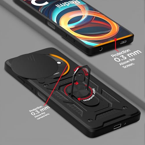 Image of Pikkme D10 Tough Armor Bumper Case | 360 Protection Case | Sliding Camera Shield Cover & Ring Holder Stand Back Cover for Redmi A3 (2024) / Redmi A3x / Poco C61(Black)