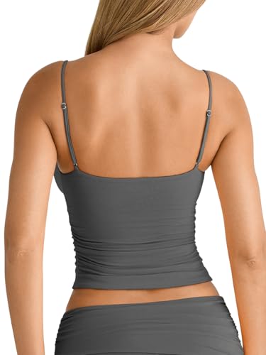 Image of PINKMSTYLE Women's Sexy V Neck Ruched Cami Top Sleeveless Spaghetti Double Layer Fitted Crop Tank Tops