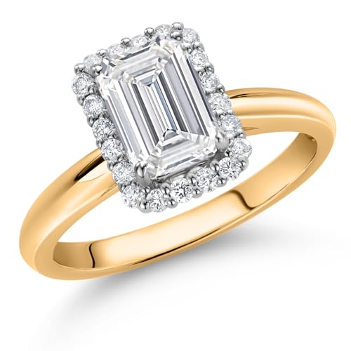 Gem Stone King 10K Yellow and White Gold IGI Certified Lab Grown Diamond Halo Engagement Ring For Women | 1.70 Cttw | Center Emerald Cut Diamond 1.5 Ct | F-G Color | VS1 Clarity2
