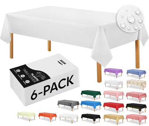 Utopia Kitchen Plastic Table Cloth Disposable (6 Pack - 54x108 Inch) White Rectangle Tablecloth Waterproof Stain Resistant Party Table Cover