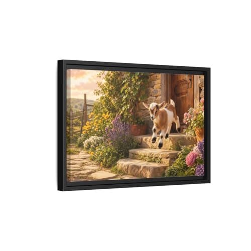Toile animaux de ferme bébé chèvre 45x30cm cadre noir de 3cm pour décoration murale