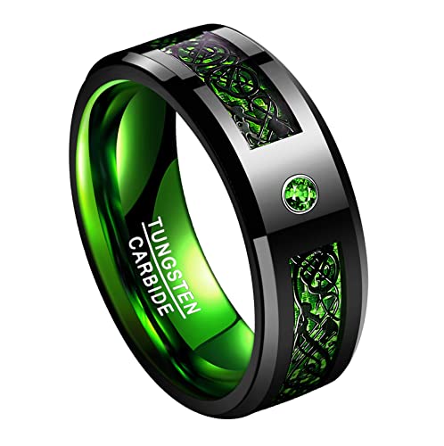 TUNGSTORY Tungsten Carbide Celtic Promise Rings Inlaid with Green Carbon Fiber for Men 8mm Black Dragon Wedding Band Size 9 by TUNGSTORY - Used condition - US$25.91