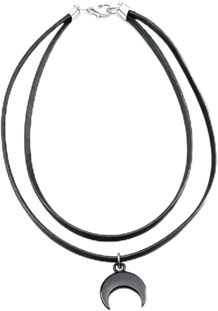 AACKS Black Crescent Moon Choker Necklace for Women, Double Layer Minimalist Gothic Moon Pendant Necklace