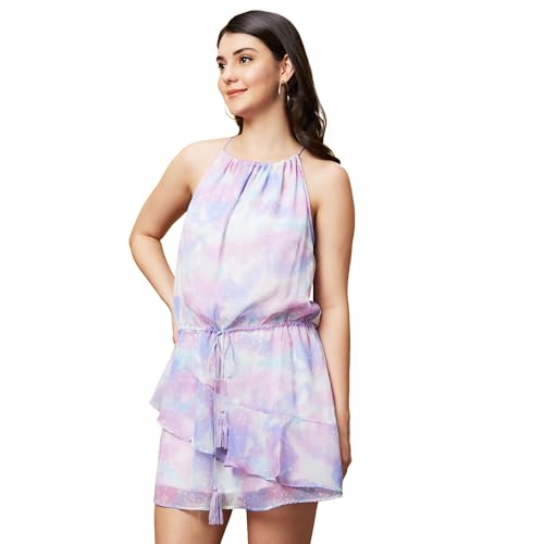 Image of Globus Women Pink Floral Print Halter Neck Sleeveless Lurex Mini Dress-3640100001