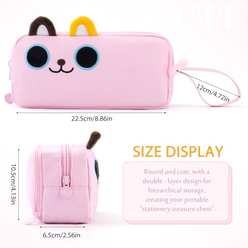 Image of CICIMELON Cartoon Pencil Case, Large Capacity Pen Pouch with Embroidered Animal Design, School Supplies Bag for Kids, Teens, Students (Pink Kitty)