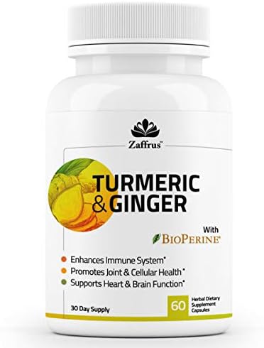Zaffrus - Organic Turmeric Curcumin & Ginger with Black Pepper (BioPerine) for Maximum Absorption to Support Immune System & Overall Health. 60 Supplement Capsules
