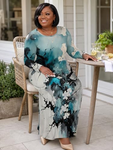 Image of PinkPatty Plus Size Maxi Dress for Curvy Women Crew Neck Long Sleeves Casual Dress Vacation Sundresses with Pockets