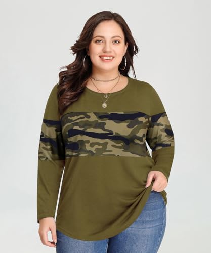 Image of CARCOS Plus Size Tops for Women Color Block Flower /Striped /Camo Crew Neck Long Sleeve Tee Shirt