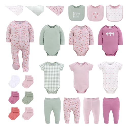 The Peanutshell 23-Piece Baby Girl Clothes Set, 100% Cotton, 0-3 Months, Newborn Essentials Must Haves, Flora Pink & Green