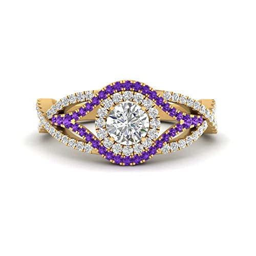 Image of Choose Your Gemstone Round Twisted Pave Double Halo Diamond CZ Ring Yellow Gold Plated Round Shape Double Halo Engagement Ring for Women, and Ladies US Size 4 to 12