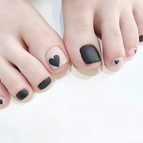 MISUD Fake Toe Nails Square Black Heart Matte Jumping-Color Toe Nails Full Cover Press-on Vacation Art Short Toenails for Women and Girls