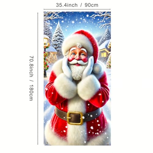 Image of BlissYard Christmas Door Cover Decoration Surprised Santa Snowy Scene 35x71 Inches Front Door Banner Xmas Hanging Decor for Home Holiday Christmas Photo Backdrop Winter Festival Supplies