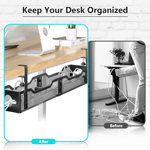 Image of Under Desk Cable Management No Drill, Standing Desk Cable Organizer, Quszmd Under Desk Cord Organizer, Under Desk Wire Management Tray - No Damage to Desk