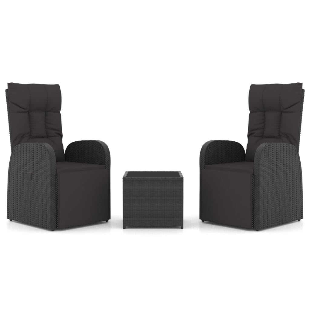 Juego de 3 sillas de jardín de ratán sintético y acero, color negro, con cojín acolchado grueso y mesa de cristal templado, máx. 110 kg por asiento