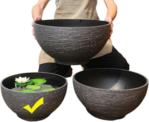 金魚鉢 睡蓮鉢 大型 屋外飼育 メダカ 鉢 プラスチック製の模造石 睡蓮鉢 軽量 れにくい 頑丈 メダカ鉢 水生植物に 飾り 池 水草 金魚鉢 大型植木鉢 屋外 植物 ビオトープ 容器 (小,ブラック)