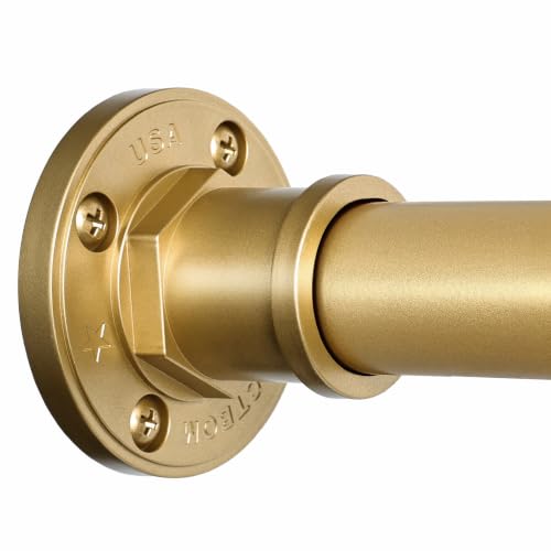 Image of BRIOFOX Industrial Shower Curtain Rod - 2-in-1 Design Tension Curtain Rod - Rustproof Non-Slip 43 to 72 Inch Metal Steel, Frosted Gold Painted Window Curtain Rod