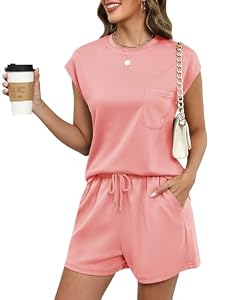 Rapbin Loungewear Damen Set Zweiteiler Sommer Trainingsanzug Jogginganzug Sets Schlafanzug Outfit Kurzarm T-Shirt Hausanzug Tracksuit Set Korallenpulver L