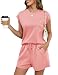 Rapbin Loungewear Damen Set Zweiteiler Sommer Trainingsanzug Jogginganzug Sets Schlafanzug Outfit Kurzarm T-Shirt Hausanzug Tracksuit Set Korallenpulver L
