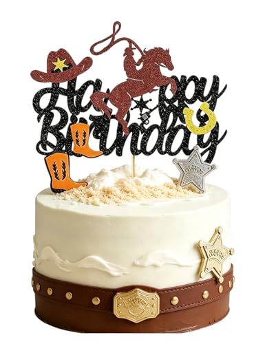 Boweurois Cowboy Cake Topper Western Birthday Cake Decorations for Boys Men Glitter Cowboy Theme Happy Birthday Party Decoration Baby Shower Party Supplies