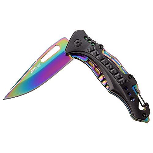 Mtech Usa – Spring Assisted Folding Knife – Fine Edge Rainbow Stainless Steel Blade, Black Aluminum Handle W/Rainbow Liner, Carabiner, Bottle Opener, Pocket Clip, Edc, Self Defense- Mt-A705G2-Rb #TOP3