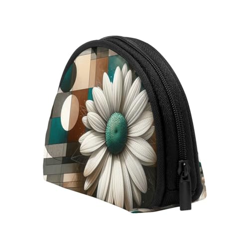 Portable Coin Purse Geometric-White-Daisy Mini Zippered Money Pouch Card Holder4