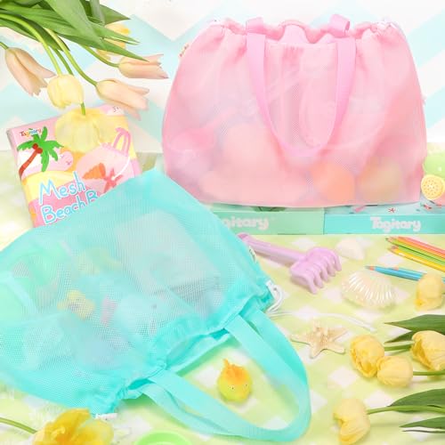 Tagitary Beach Toys Kids Beach Bag Tote with Drawstring, Pink Blue Mesh Bag Travel Beach Essentials for Kids Swim Pool Gym Bag Camping Accessories Toys Storage Lightweight Foldable Birthday Gifts