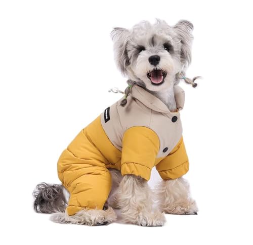 ISUPY ペットロンパース つなぎ 冬 犬 服 ダウン風ジャケット 洋服 中綿入れ Dカン付き ドッグウェア コート 防寒 防風 暖かい 厚手 小型犬 中型犬 お出掛け 散歩 ペット用品 (M,イエロー)