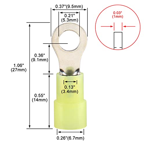 Baomain RNYB5.5-5 Nylon Insulated Ring Terminals 12-10 Awg (4-6 Mm²) Usa #10 Stud Size 0.2'' Rnyb5.5-5 Yellow Pack Of 100 thumb #3