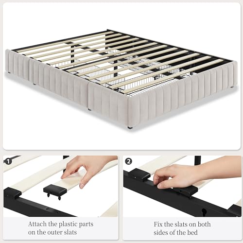Yaheetech Queen Bed Frame Upholstered Platform Bed with 3 Storage Drawers, Large Storage Space/Strong Wooden Slats/Non-Slip and Noise-Free/No Fixed Headboard/No Box Spring Needed/Beige Queen Bed