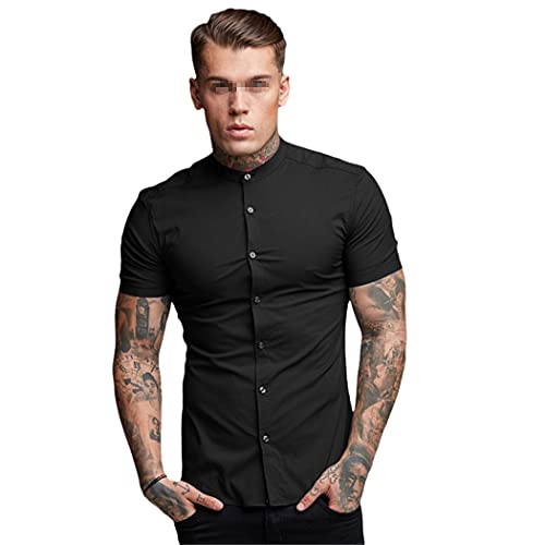 Chemise d'été manches courtes homme col montant coupe ajustée noir XL
