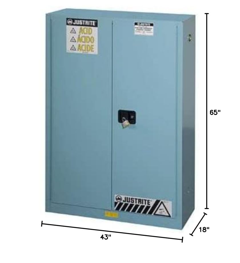 Image of Justrite Acid Corrosive Storage Cabinet - 45 Gallon 2 Door Manual Close Chemical Storage Cabinet with Removable Polyethelene Trays - 18 inch x 65 inch x 43 inch - Made in The USA - Light Blue - 894502