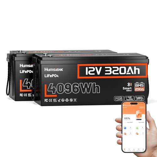 HumsiENK 12V 320Ah LiFePO4�o�b�e���[ �Ԓ���/RV/�ƒ�p�~�d�V�X�e�� Bluetooth�Ή� �ቷ�ی� 3200W�����׉\ �h��IP65 ������6000��ȏ�T�C�N�� 250A����BMS 4P4S�g���\(2��)