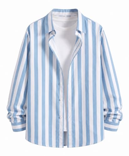 Image of IndoPrimo Men's Striped Cotton Shirt | Slim Fit Stylish Casual Shirt for Man | Full Sleeve Summer Wear Vertical Stripe Shirt for Office, Vacation