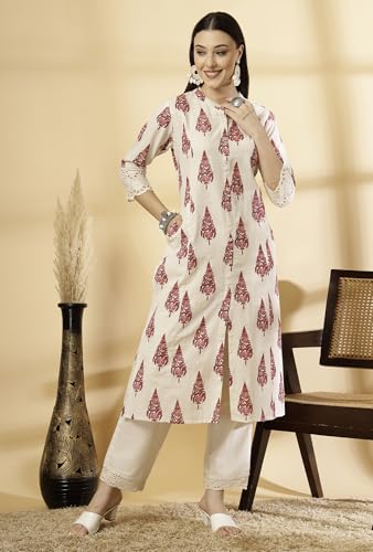 Image of Pistaa's Women's Cotton Regular Fit A Line Regular A-Line Printed Cutwork Sleeve Kurta