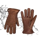 OLSON DEEPAK Waterproof Leather Work Gloves for Men&Women,Brown Cowhide Thornproof Garden work Gloves,Water Resistant windproof Gloves,XL