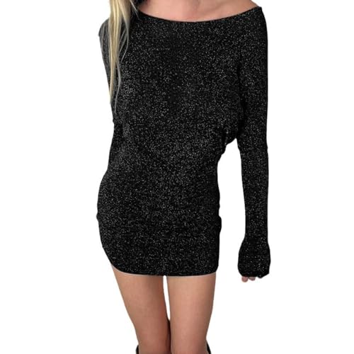 Best Rose One Shoulder Dress Glitter Wrap Short Long Sleeve Shiny Loose Fit Party Clubwear Elegant Sparkly Evening Dress, Black, Medium
