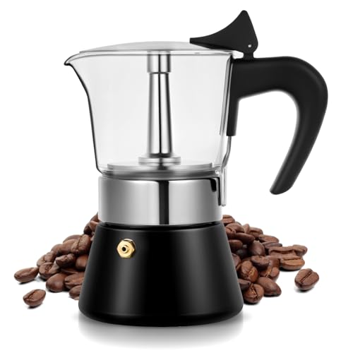 Image of Induction Moka Pot, 4 Cups (7.1 oz) Crystal Glass-Top & Stainless Steel Moka Pot, Classic Stovetop Espresso Maker, Black